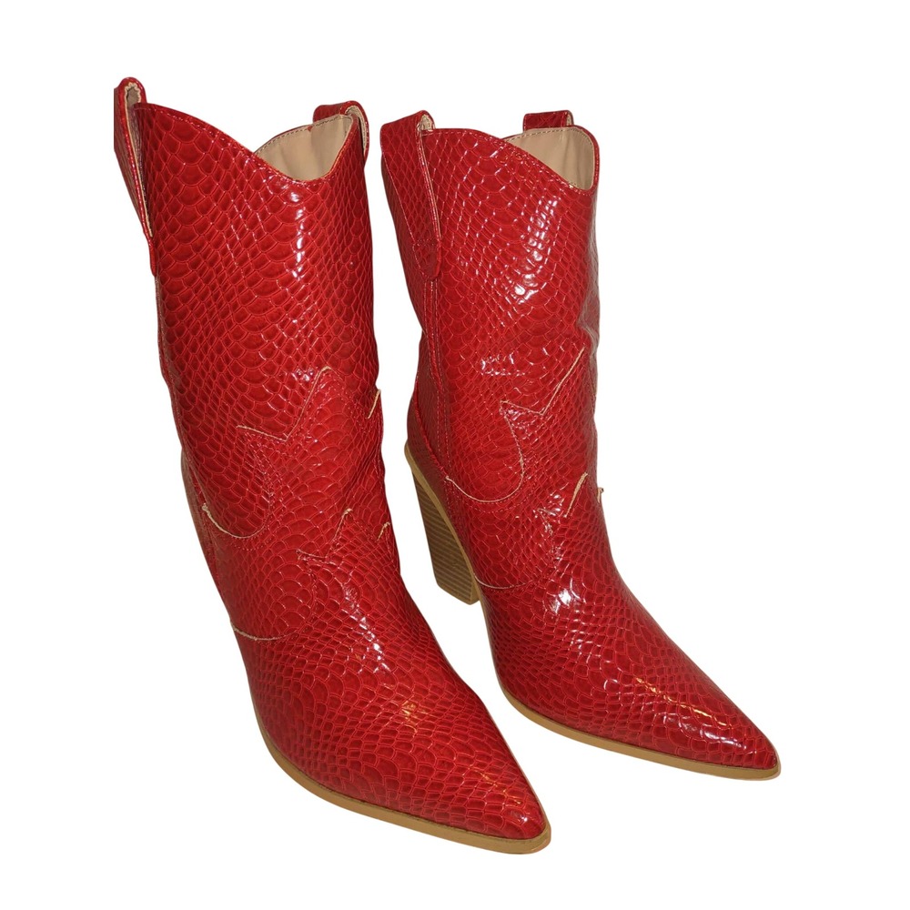 Fever Red Faux Croc Western Boots Pointed Toe Stacked Heel JR3894 Womens 11M